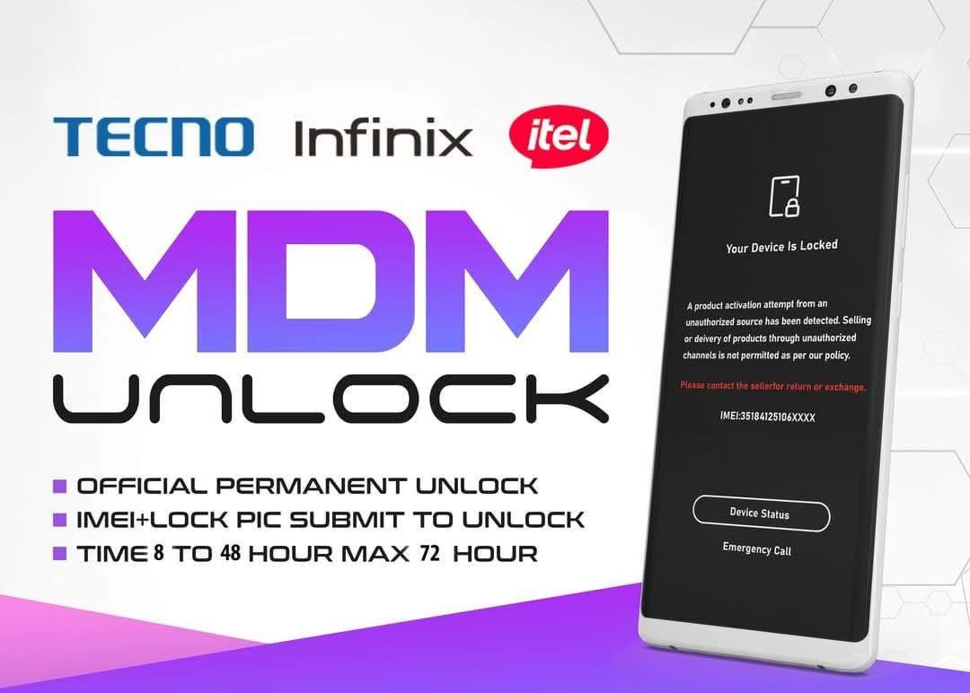 Tecno / Infinix / iTel All MDM Remove Permanent Unlock ( Fast Service Success Rate 100 % 24 - 48 Hours ✅ Saturday Sunday Service Off